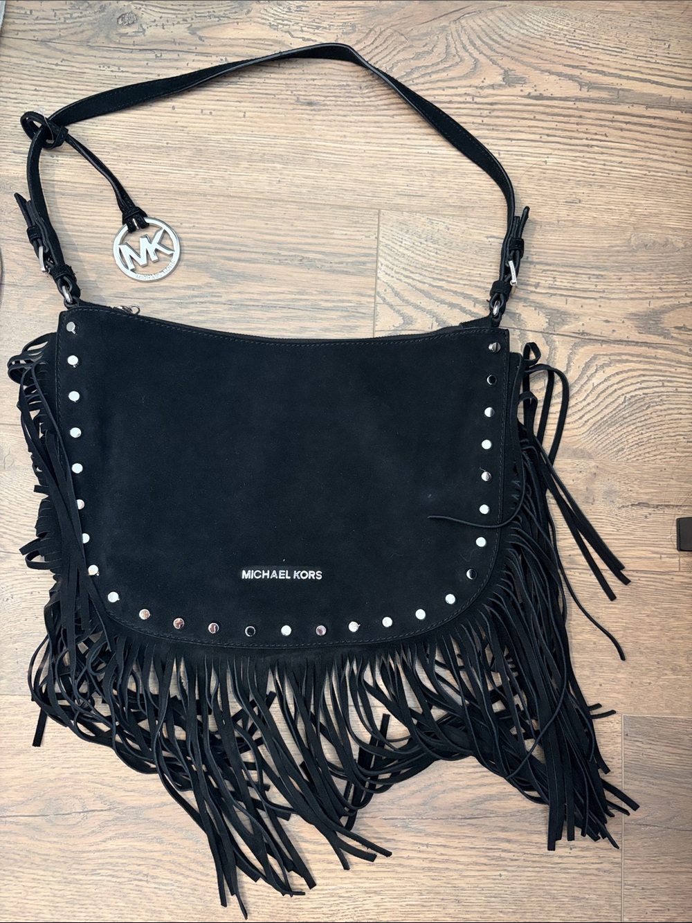 Michael Kors Black Suede Fringe Shoulder Bag with Silver Studs